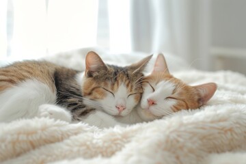 Two adorable cats comfortably snuggle on a fluffy blanket in a cozy, sunlit room