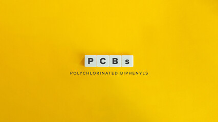 PCBS, Polychlorinated Biphenyls. Text on Block Letter Tiles and Icon on Flat Background. Minimalist...