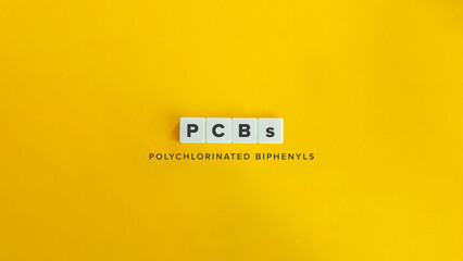 PCBS, Polychlorinated Biphenyls. Text on Block Letter Tiles and Icon on Flat Background. Minimalist...