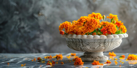 Marigold Flowers In A Bamboo Basket Background

