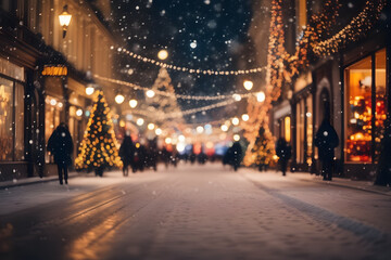 A mesmerizing scene captures the festive ambiance of a snowfall-laden city street, adorned with twinkling Christmas lights and bustling shoppers in the background.