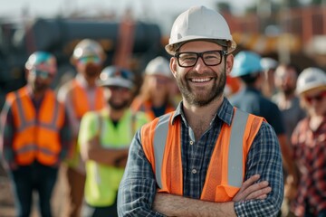 Portrait of a joyful construction worker with crossed arms in front of colleagues at a work site