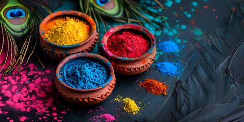 Colorful Holi Celebration Powders in Clay Pots
