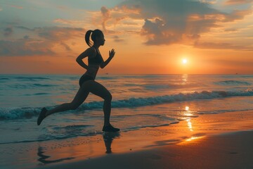 A silhouette of a woman runs along the shoreline against a sunset backdrop