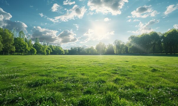 A clear, open field with a distant tree line sits under a bright sky. The vast, uncluttered space and natural beauty provide an excellent canvas for text inclusion, ensuring visibility and impact.