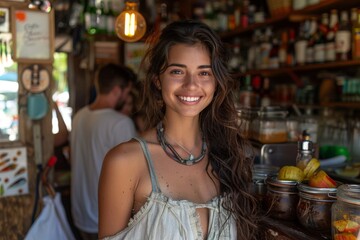 Woman with a bright smile serving at a tropical bar, with colorful background enhancing the vacation vibe
