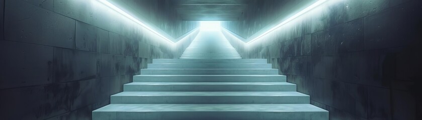 Futuristic escalator leading upwards in an illuminated tunnel.