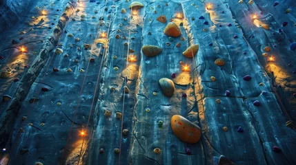 A rock climbing wall at night, with the holds illuminated by spotlights, creating a dramatic and challenging setting for the sport. © M Yaqoob