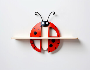 Cute wooden ladybird shelf in front of white wall