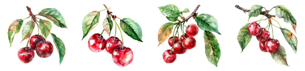 Watercolor, Cherry, isolated, png set