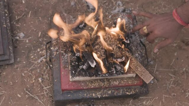 offerings made to holy fire at hindu delubrum or Yagya prayers at day