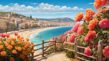 With the beach, fences, and flowers in the background, this is a Spanish seaside village.
