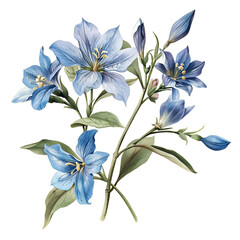 Vintage watercolor blue flower and wildflowers isolated on white background, old botanical illustration