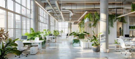 Interior of an office room with plants, marble white floor, table and chairs. Created with Ai