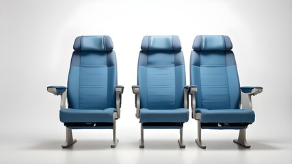 Isolated on a white background are three blue fabric airline seats with seat belts, signifying travel and transportation.