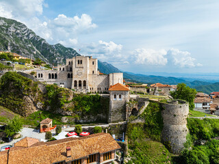 Obraz premium Kruje and Mount Kruje from a drone, Ishem River, Albania