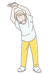 ストレッチをするシニア女性のイラスト（半袖）