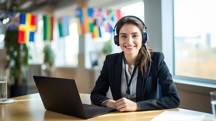 Beautiful smiling female operator providing support in multiple languages, wearing a headset with microphone, sitting at her desk with a laptop, international flags behind her.
