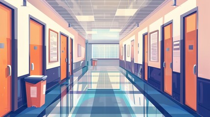 Obraz premium Cartoon vector of a school hallway with windows and multiple doors.