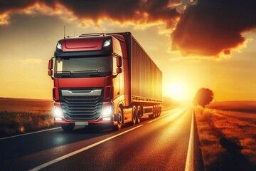 Large truck with trailer carrying goods on asphalt road at sunset