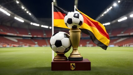 In a sports stadium, a football cup, a soccer ball, and the German flag.