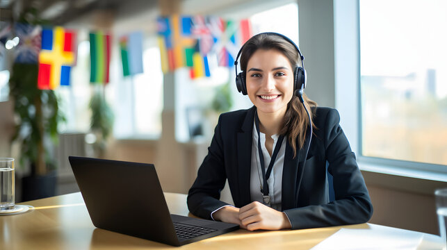 Beautiful smiling female operator providing support in multiple languages, wearing a headset with microphone, sitting at her desk with a laptop, international flags behind her.