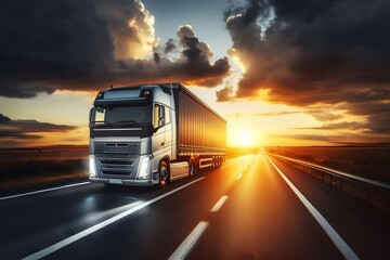 Large truck with trailer carrying goods on asphalt road at sunset