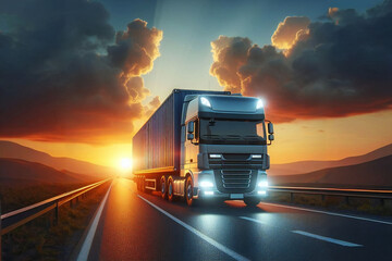 Large truck with trailer carrying goods on asphalt road at sunset