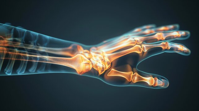 ing of a human hand X-ray, highlighting the bones and joints in a digitally transparent perspective on a dark background.