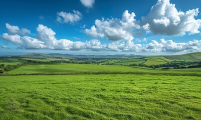 Obraz premium A wide shot of a wind farm shows turbines standing tall against a blue sky and green fields. The clean, sustainable energy theme and open space make it an ideal backdrop for text.