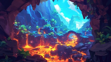 Obraz premium Immerse yourself in the mysterious depths of a dark cavern where a fiery river of hot lava snakes its way through rocky walls Behold a vibrant 2d cartoon depiction of an underground landsca