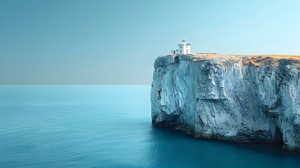 Minimalist Lighthouse Perched on a Rocky Cliff overlooking the Endless Blue Ocean in Brittany France