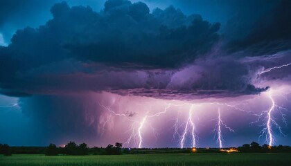 Large lightning bolts across the entire sky in the countryside. Thunderstorm and downpour