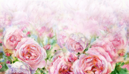 Floral pink, tender,  roses background.  Floral background. Watercolor illustration.
