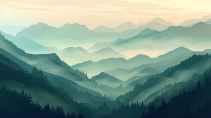 Obraz premium A serene landscape of misty mountains at dawn, with layers of hills fading into the horizon, creating a calm and peaceful atmosphere.