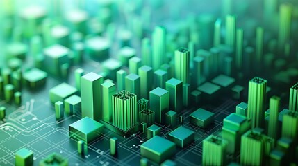Abstract cityscape with green buildings on a circuit board background.