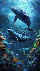 Animals of the underwater sea world. Ecosystem. Colorful tropical fish. Life in the coral reef