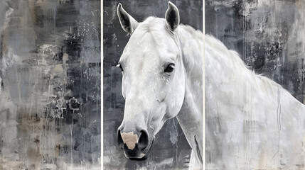 The painting in three panels shows horse on a seamless background.