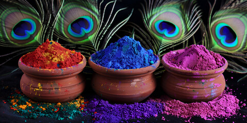 Colorful powders for holi on clay pots on occasion of indian festival 