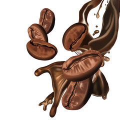 Roasted coffee beans in splashes of delicious coffee.