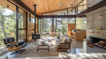 Fototapeta premium Secluded Serenity: Contemporary Retreat Nestled Amidst Nature's Embrace