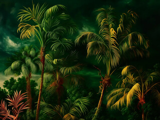 Surreal art fantasy scene secret mysterious garden of flowers and plants, peonies, tulips, roses, orchids, fruits. Baroque, renaissance style, rich colors, dramatic lighting, oil painting illustration