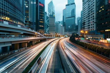Fototapeta premium Bustling Cityscape with Light Trails on Urban Expressway in Twilight