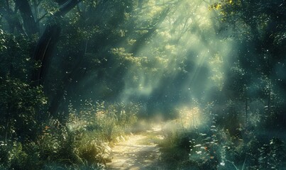 Fototapeta premium A sunlit path winds through a dense forest, with dappled light filtering through the trees. The inviting path and clearings offer perfect spots for adding text in a naturally beautiful setting.