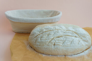 raw dough for baking bread top view. cut out patterns on bread dough. dough in the form of future bread.