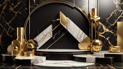 is a black marble wall with gold accents.