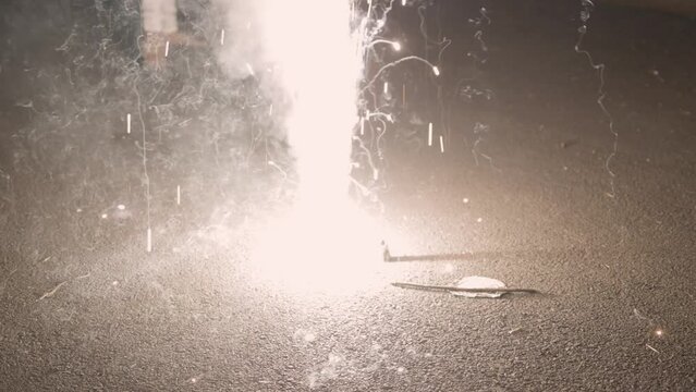 Flowerpots or indian Anaar fireworks during the Diwali festival celebration at night