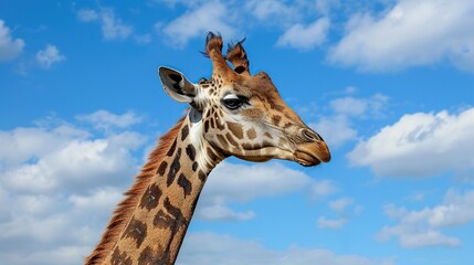 Close up of female Southern giraffe Giraffa giraffa angolensis against a blue sky. Generative Ai