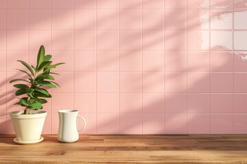 Pink tiled wall with a wooden countertop, featuring a potted plant and a mug in natural light