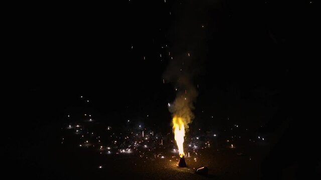 Flowerpots or indian Anaar fireworks during the Diwali festival celebration at night